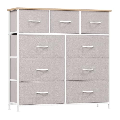 Somdot Kommode mit 9 Stoffschubladen, Schlafzimmer, Aschgrau
