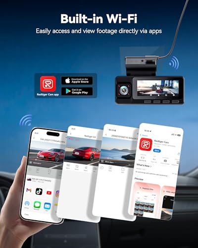 REDTIGER A3 Camara para Carro 3 Canales WiFi, 2.5K+1080P+1080P Delantera/Trasera/Interior, Pantalla 3.18'', Visión Nocturna IR, Grabación en Bucle, Estacionamiento 24H, Soporta 256GB