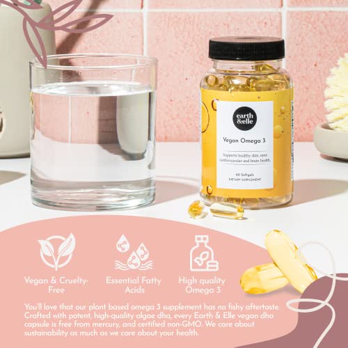 Earth & Elle - Vegan Omega 3 - Algae Omega 3 - Vegan Omega 3 Supplement w/ Algae Oil - Contains Vegan EPA DHA - 2 Month Supply - Boosts Mood & Promotes a Healthy Heart - 60 Algae Oil Softgels