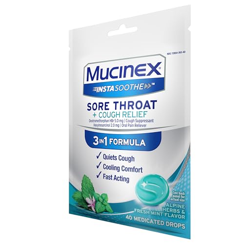 MUCINEX INSTASOOTHE SORE THROAT + COUGH RELIEF ALPINE HERBS & MINT FLAVOR, FAST ACTING, COOLING COMFORT, POWERFUL SORE THROAT ORAL PAIN RELIEVER, 40 MEDICATED DROPS