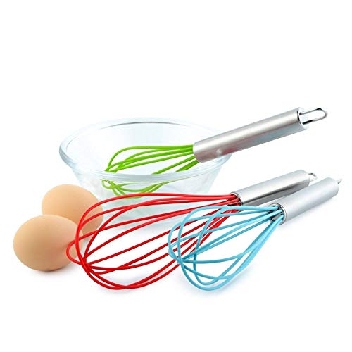 Set of 3 Multi-Color Silicone whisks with stainless steel handles. Milk & Egg Beater Balloon Metal Whisk for Blending, Whisking, Beating and Stirring. Whisks for cooking by Dragonn. (Multi Color)