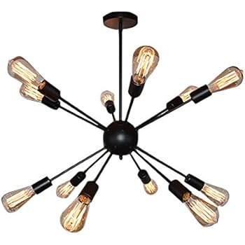 Fuloon Sputnik Chandelier Vintage Edison Industrial Loft Droplight Lamp Metal Large Pendant Hanging Light(Black-12 heads)