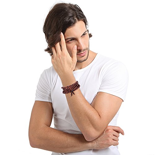 MOWOM 6PCS 8mm Wood Bracelet Link Wrist Necklace Chain Tibetan Buddhist Sandalwood Bead Prayer Buddha Mala Chinese Knot