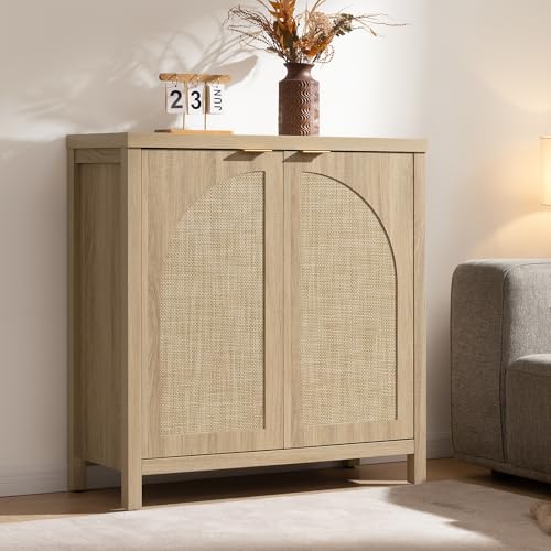 SICOTAS 34'' W Rattan Sideboard Buffet Cabinet with Storage, Boho Buffet Cuisine Arched Coffee Bar Accent Cabinet, Large Credenza Mid-Century Modern Buffet Table TV Stand for Living Room, Entryway