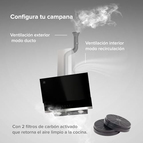 AVERA Campana de Cocina Extractora 60cm de pared, 3 velocidades, Panel táctil, Luz LED, Acero inoxidable y vidrio templado, Filtro de carbón activado y malla metálica lavable | CEA60C