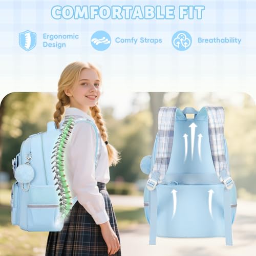Tanou Girls' Primary School Backpack | Waterproof Daypack for Teens, Kawaii Checked School Bag for Girls 9-16 Years Old for Travel, Blue