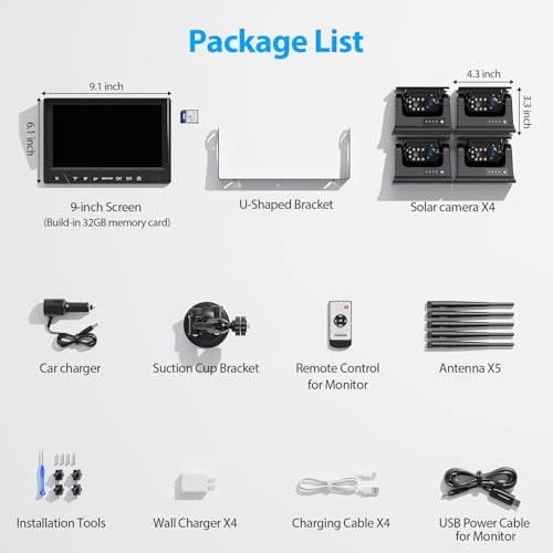 4 Wireless Solar Magnetic Reversing Cameras 9 Inch 1080P HD Monitor, 9600 mAh Battery, 1 Minute Installation, IP69K Waterproof, for Trailers, Motorhomes and Trucks | 9600mAh Akku, 1 Min Installation, IP69K Wasserdicht Rückfahrkamera Funk für Anhänger, Wohnmobile und LKWs