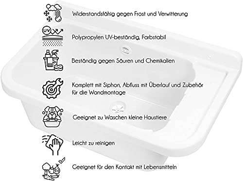 VBChome Ausgussbecken 50 x 34 x 21 cm Weiß Spülbecken Waschtrog mit Überlauf Waschbecken für Gewerbe Waschraum Garten… – Bild 3