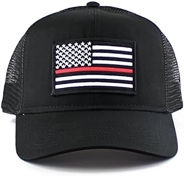 OldSchoolUSA Thin Red Line Fire/EMS Embroidered Iron On Patch Snapback Trucker Cap (Black)