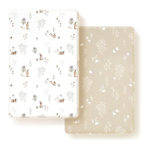 GRSSDER Stretch Ultra Soft Jersey Knit Fitted Pack n Play Sheets Set 2 Pack, Portable/Mini Crib Sheets for Boys and Girls, Stylish Watercolor Rabbit Pattern