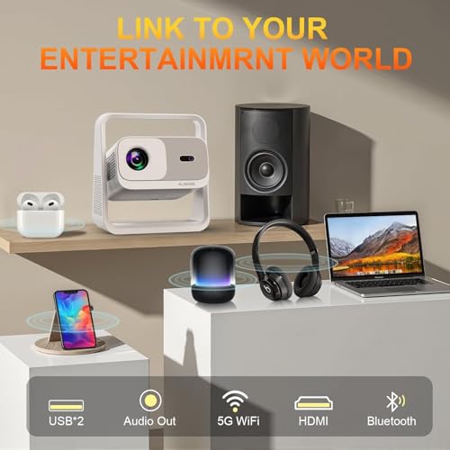 Smart Projector with WiFi6 and Bluetooth5.2, 2000ANSI, Built-in Apps, 4K Support, Native 1080P Outdoor Movie Projector, Auto Keystone & 360°Stand, Portable Proyector for Home Theater, 2026 New, White