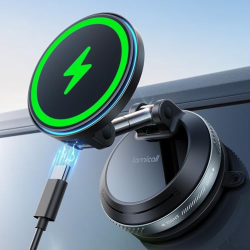 Lamicall 15 W for MagSafe Car Mount with Charging Function - [Top Vacuum] Magnetic Mobile Phone Holder Car Suction Cup for Dashboard & Windscreen, Magnetic Mobile Phone Holder Car Charger for iPhone