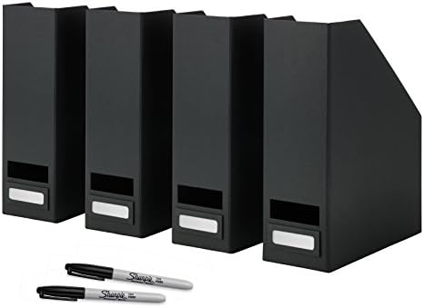 Ikea Magazine Holders With Labels &amp; Markers - Made for Magazines - Newspapers - Loose Paper - Files - Bills - Black, Set of 4 Magazine File Holders with Sharpie Markers