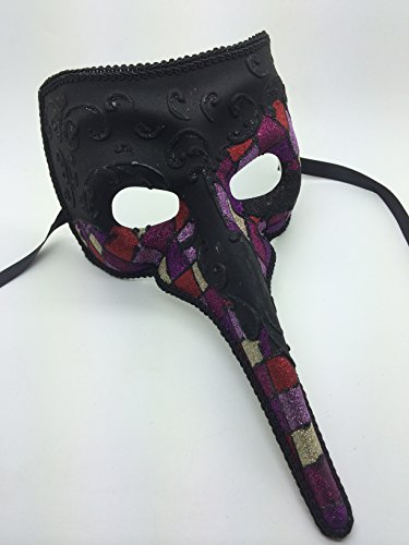 Laser Cut Medieval Plague Doctor Face Design Masquerade Halloween Mask - Black w/ Purple Glitter Checker Pattern