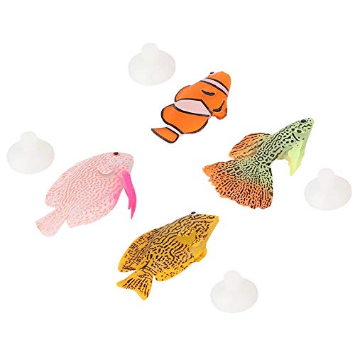 Hffheer Aquarium Artificial Fish, 4Pcs/Set Glowing Effect Lifelike Silicone Fake Fish Moving Floating Fishes Fish Tank Decor Floating Ornament