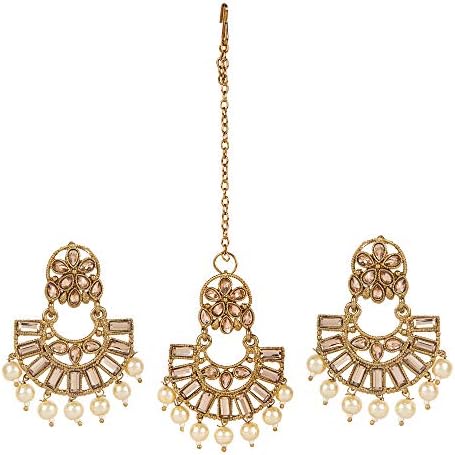 Charming Jewels Gold Plated Floral Kundan Pearl White Earrings and Maagtika Set for Women and Girls-Bridal Big Maang Tikka Earring Design Latest
