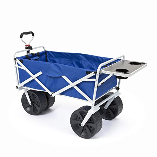 Mac Sports Heavy Duty Collapsible Folding All Terrain Utility Beach Wagon Cart with Side Table and Straps, Blue/Black