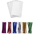 200 Treat Bags 3x4 with 200 Twist Ties 4" 6 Mix Colors - 1.4 mils Thickness OPP Plastic Bags for Lollipop Candy Cake Pop Choc