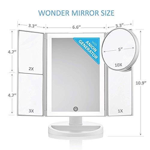 WONDER MIRROR 2019 Led Lighted Trifold Makeup Mirror w/built-in Air-Vitamin ANION GENERATOR for Ionic Conditioning + Big 10x Magnification Mirror w/Suction-cups + Charger w/Long 7 ft Cord