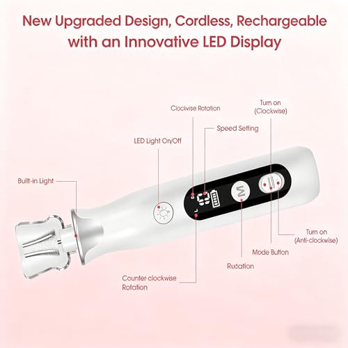 Electric Manicure / Pedicure Set, Nail Feles, Nail Cutter and Callus Remover with 10 Attachments for Nail Care, with 10 Speeds, LED Light, Storage Bag