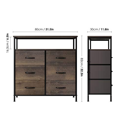 HOMECHO Fabric Dresser Chest with 6 Drawers, Wide Chest of Drawers with 2 Tier Wood Shelves