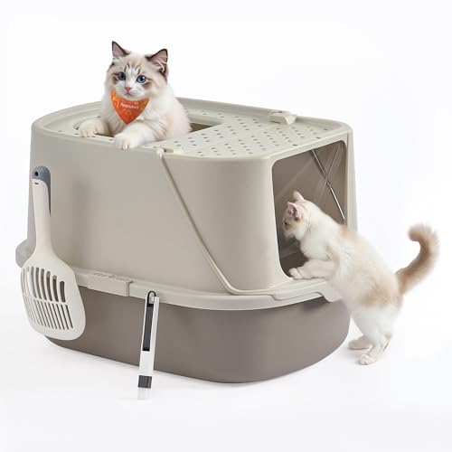 Grand Bac à Litière pour Chat, Taille XXL, Litière pour Chat avec Couvercle Basculant, avec Pelle et Brosse, pour Chats Jusqu’à 15 kg, Avoine et Gris Chaud PPT011LH01