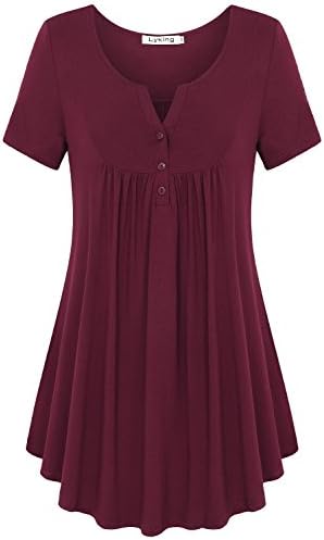 Lyking Women's Vintage Short Sleeve Henley V Neck Pleated Tunic Shirt