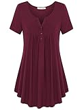 Lyking Women's Vintage Short Sleeve Henley V Neck Pleated Tunic Shirt (XL,Burgundy)