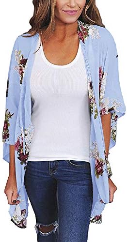 Zainafacai Women Kimono Sheer Chiffon Floral Kimono Cardigan Loose Cover-ups Blouse Tops Outwear