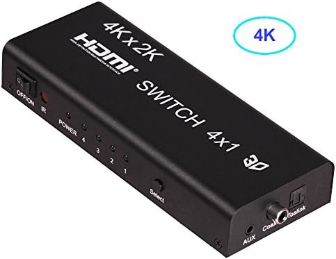 Tbridge 4x1 4 Ports HDMI Switch with Remote and Audio Output Support 4k 1080p Full HDTV 3D, Metal Box Black 4 In 1 Out