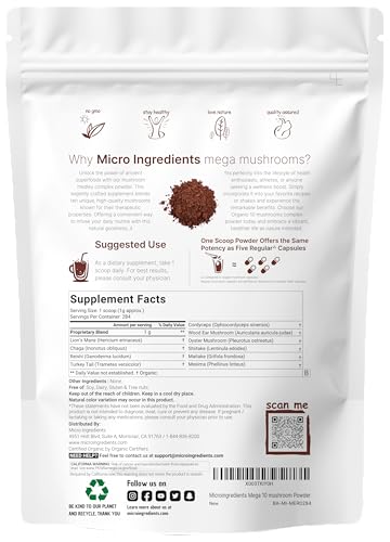Micro Ingredients Organic Mega 10 Mushroom Complex Powder for Immune System Booster, 10 Ounce (284 Grams), Chaga Mushroom, Lions Mane, Turkey Tail, Cordyceps, Reishi Mushroom