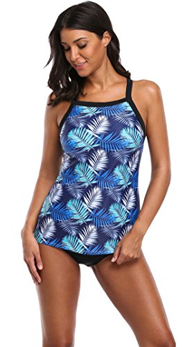 ATTRACO Women's Tankini Set Leaf Print Swimsuit 2 Piece Swimwear Cross Back ATTRACO Women's Tankini Set Leaf Print Swimsuit 2 Piece Swimwear Cross Back