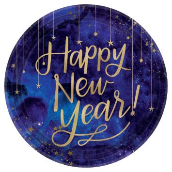 Happy New Years Blue and Metallic Gold Disposable Dinnerware Party Supplies Pack For 16 With New Year Paper Dinner Plates, Napkins, Balloons, Plus NYE Decoration Kiss Me At Midnight New Years Banner