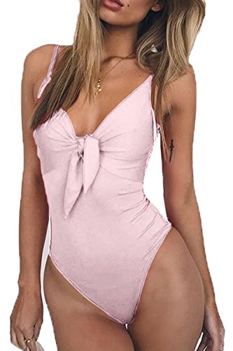 ESONLAR One Piece Swimwear for Women V Neck Tie Knot Front Aactive Sporty Swimsuit Pink S - Thumbnail 7