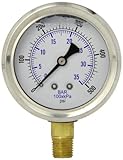 PIC Gauge PRO-201L-254J Glycerin Filled Industrial Bottom Mount Pressure Gauge with Stainless Steel Case, Brass Internals, Plastic Lens, 2-1/2