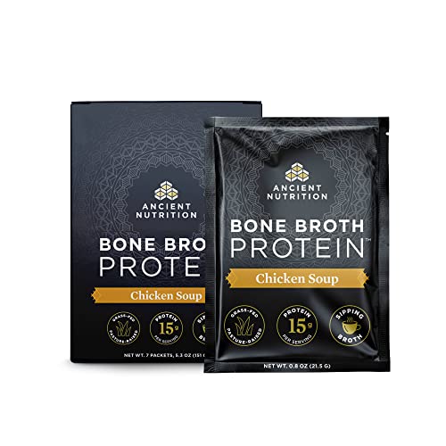 BONE BROTH PROTEIN POWDER BY ANCIENT NUTRITION, CHICKEN SOUP PACKETS, GRASS-FED CHICKEN AND BEEF BONE BROTH POWDER, 15G PROTEIN PER SERVING, SUPPORTS A HEALTHY GUT, 7 CT