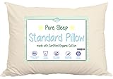 Bed Pillow With Delicate Handmade Organic Cotton Shell. Your Pure Sleep Standard 20x26 Size Works With Twin & Queen Beds & Pillowcases. Made In USA By A Family Company Thats Been Around For Decades.