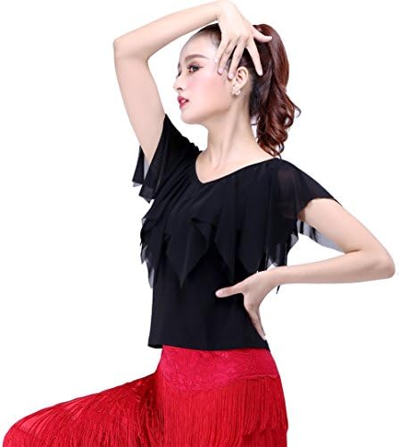 Short Sleeves Black Latin Ballroom Salsa Chacha Practice Dance Shirt Top Blouse (L)