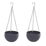 Hanging Basket Rattan Plastic Flower Pot Round Resin Garden Hanging Planter for Indoor Outdoor Plants,2 Pack Grey Small Size 6.5in x 4.5in