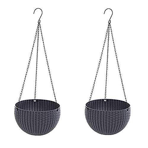Hanging Basket Rattan Plastic Flower Pot Round Resin Garden Hanging Planter for Indoor Outdoor Plants,2 Pack Grey Small Size 6.5in x 4.5in