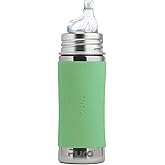 Pura Kiki 11oz/325ml Stainless Steel Sippy Cup Bottle w/Sleeve, Plastic-Free, MadeSafe Certified, Medical-Grade XL Silicone Sipper Spout Fast Flow for Kids, Toddlers, Babies & Infant - Moss