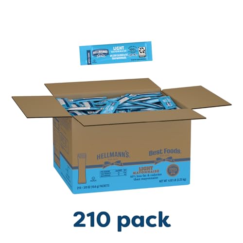 HELLMANN’S LIGHT MAYONNAISE STICK PACKETS EASY OPEN, CONDIMENT FOR SANDWICHES, SALADS, MAYO MADE WITH 100% CAGE FREE EGGS, GLUTEN FREE, 0.38 OZ, PACK OF 210