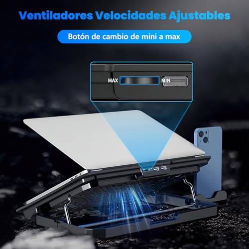 Ventilador para Laptop con 6 Ventiladores Silenciosos,Enfriador Laptop de 5 Ángulos Ajustables,Base de Refrigeración para Ordenador Portatil con Luces LED,Dos Puertos USB para Portatil de 12"-17.3"