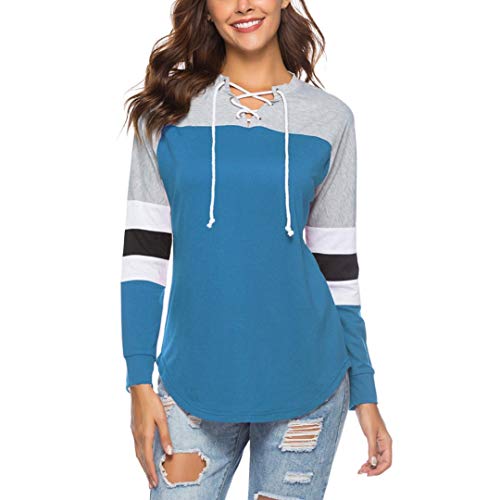 Misaky 2018 Women's Patchwork Shirt Autumn Striped V-Neck Tops Loose Long Sleeve Blouse Blue