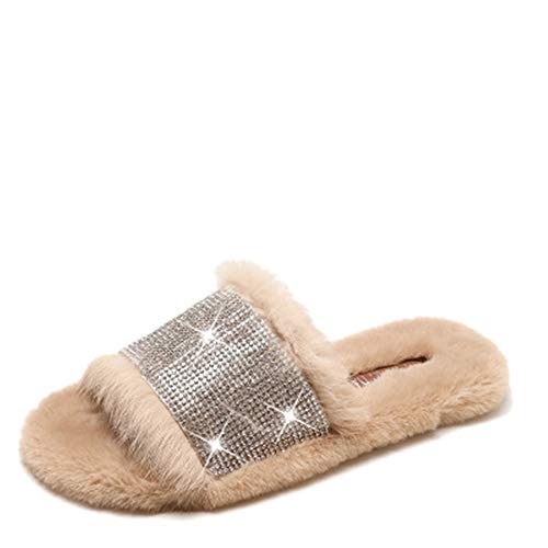 Women's Glitter Chic House Slippers Comfy Fur Slippers(Beige-02-Lable 35/4.5 B(M) US Women)