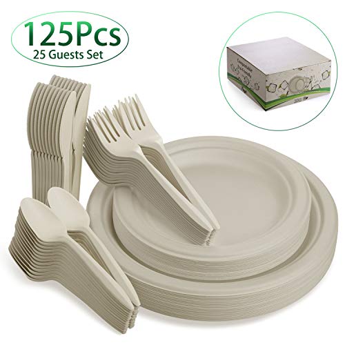 Fuyit 125Pcs Disposable Dinnerware Set, Compostable Sugarcane Cutlery Eco-Friendly Tableware - Microwavable Biodegradable Paper Plates, Forks, Knives and Spoons Combo for Party, BBQ, Picnic(Natural)