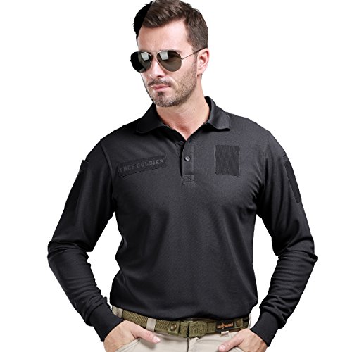 FREE SOLDIER Men Shirts Long Sleeve Polo Shirt with Pocket 100% Coolmax Fabrics Breathable Shirt (Black,L)