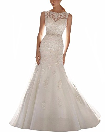 ScelleBridal Latest Sleeveless Lace Appliques Mermaid Bridal Dress Wedding Gown Ivory 2