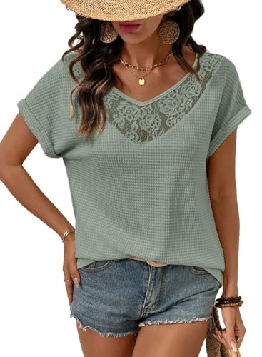 Dokotoo Women's Summer Short Sleeve V Neck Tops 2026 Spring Fashion Clothing Trendy Casual Waffle Knit Boho Lace Tops for Women Loose Fit Tshirts Outfits Shirts Beach Vacation Cruise Green at Amazon