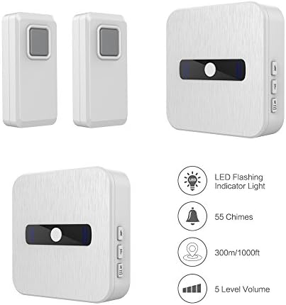 Wireless Doorbell kit with 2 Push Button and 2 Receivers,55 Chimes and 5 Volume Levels,IP55 Waterproof,LED Indicator,No Batteries Required for Receiver,1000 feet Operation Range
